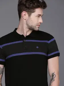 WROGN Men Black Striped Polo Collar Slim Fit Pure Cotton T-shirt