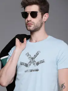 WROGN Men Blue  Black Brand Logo Printed Slim Fit Pure Cotton T-shirt