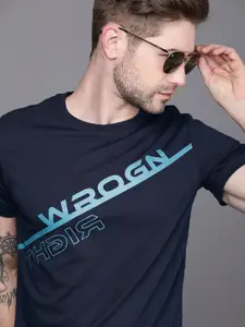 WROGN Men Navy Blue Slim Fit Brand Logo Printed T-shirt