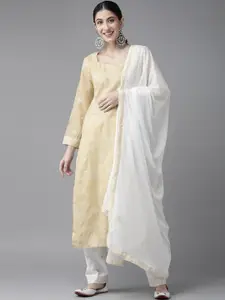 ADA Women Beige & White Chikankari Hand Embroidered Unstitched Dress Material