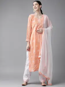 ADA Peach-Coloured & White Embroidered Unstitched Dress Material