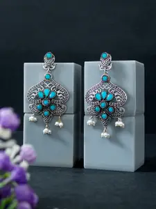 Golden Peacock Silver-Toned & Turquoise Blue Handcrafted Paisley Shaped Drop Earrings