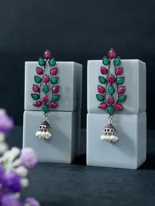 Golden Peacock Silver-Toned & Green Stone Studded Oxidised Leaf Shaped Jhumkas Earrings