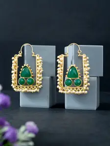 Golden Peacock Golde-Toned & Green Beads Studded Square Shaped Hoops Earrings