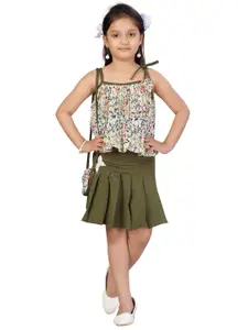 Aarika Girls Off-White & Olive Green Floral Print Top with Skirt & Sling Bag