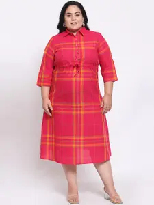 MELON Women Pink & Orange Checked Shirt Midi Dress