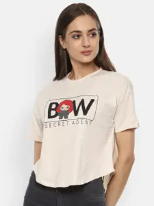 Van Heusen Woman Women Beige Typography Printed Polo Collar T-shirt