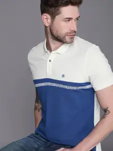 WROGN Men Blue  White Colourblocked Polo Collar Slim Fit Pure Cotton T-shirt