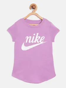Nike Girls Purple & Off-White Script Futura Short Sleeve Brand Logo Print T-shirt