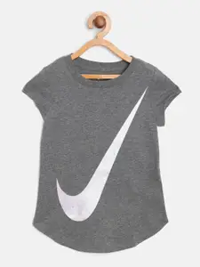 Nike Girls Charcoal Grey & Off-White Swoosh Rise Logo Print T-Shirt