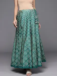 Biba Women Green & Cream-Coloured Pure Cotton Printed Maxi Flared Ethnic Skirt