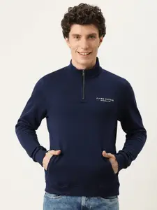 Flying Machine Men Navy Blue Logo Printed Half-Zipper Pure Cotton Pullover Sweatshirt