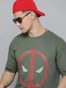 Kook N Keech Marvel Men Olive Green & Red Deadpool Print Pure Cotton Oversize T-shirt