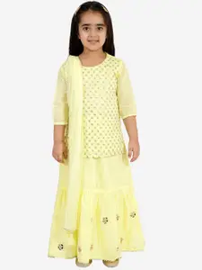 LIL DRAMA Girls Yellow Embellished Sequinned Ready to Wear Lehenga & Blouse With Dupatta