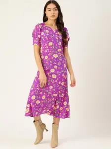 DressBerry Purple & Off-White Floral Print A-Line Midi Dress