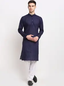 Jompers Men Navy Blue Embroidered Regular Pure Cotton Kurta with Churidar