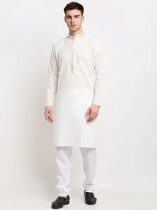 Jompers Men Off White & White Thread Work Pure Cotton Kurta with Churidar