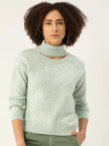Madame Women Green Self Designed Pullover Sweater