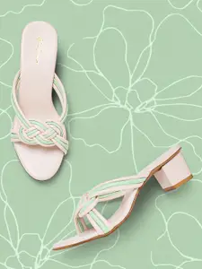 Mast & Harbour Mint Green & Nude Coloured Stripes Strappy Knot Block Heels