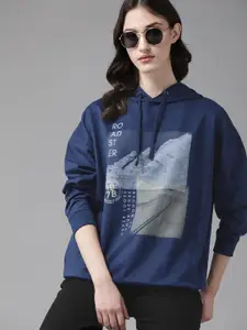 Roadster Women Navy Blue Printed Hooded Sweatshirt