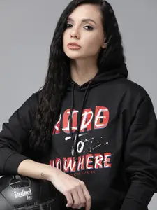 Roadster Women Black Printed Hooded Sweatshirt