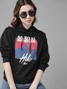 Roadster Women Black Printed Hooded Sweatshirt