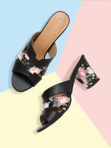 Mast & Harbour Black & Green Floral Printed Block Heels