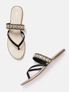 Anouk Women Black & Off-White Embroidered Open Toe Flats