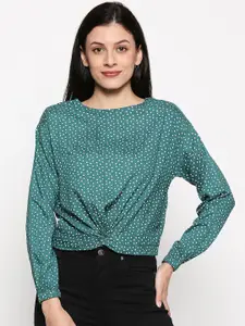 People Women Green & White Polka Dot Printed Twisted Cotton Top