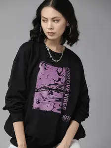 Roadster The Roadster Lifestyle Co. Women Black & Lavender Printed Sweatshirt