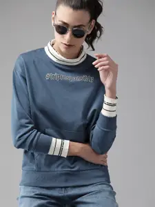 Roadster Women Teal Blue and Black Typography Print Sweatshirt