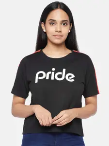 People Women Black Typography Printed Drop-Shoulder Sleeves Applique T-shirt