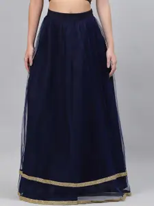 studio rasa Women Navy Blue & Gold-Coloured Flared Net Sequin Embellished Maxi SkirtSkirt