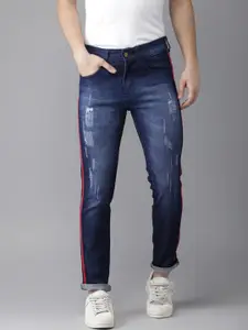 Campus Sutra Men Navy Blue Slim Fit Mildly Distressed Light Fade Stretchable Jeans