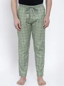JAINISH Men Green & Black Checked Slim-Fit Pure Cotton Lounge Pants