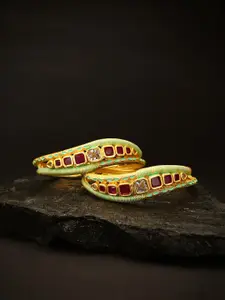 Priyaasi Set Of 2 Gold-Plated Magenta Pink & Sea Green AD & Ruby-Studded Enameled Handcrafted Curved Bangles