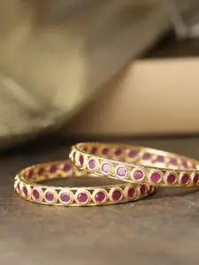 Priyaasi Set of 2 Gold-Plated & Magenta Pink Ruby-Studded Handcrafted Bangles