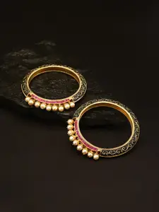 Priyaasi Set Of 2 Gold-Plated Off-White & Black Pearl Beaded Handcrafted Meenakari Bangles