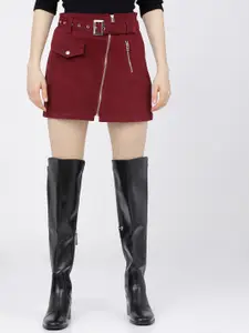 Tokyo Talkies Maroon Straight-Fit A-Line Mini Skirt