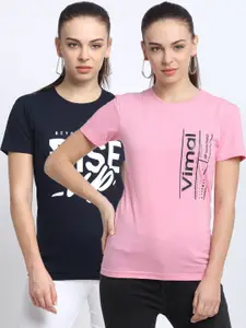 VIMAL JONNEY Women Pink & Navy Blue Typography 2 Printed Pockets T-shirt