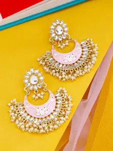 Yellow Chimes Gold-toned Pink Meenakari Handcrafted Kundan Studded Chandbali Earrings