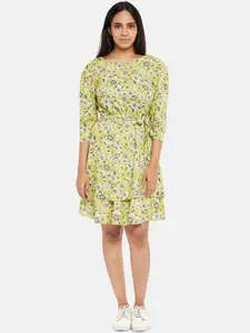 People Women Lime Green & Blue Floral Printed Layered Dress