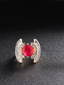 Priyaasi Gold-Plated Pink Ruby-Studded & White AD-Studded Handcrafted Finger Ring