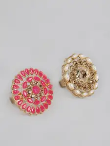 Kord Store Set of 2 Gold Plated White and Pink Stone Finger Ring