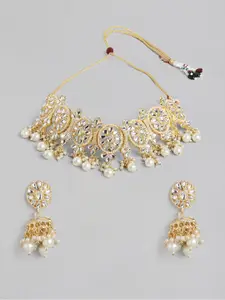 Kord Store Gold-Plated & White Round Shaped Pearl Collar Necklace Set with Earrings