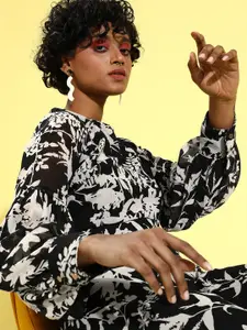 plusS Women Stylish Black Floral Sweetheart Neck Dress