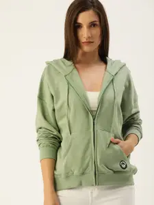 Flying Machine Women Olive Green Solid Hooded Pure Cotton Sweatshirt