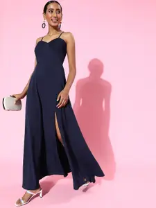 Berrylush Women Deep Navy Blue Solid Sweetheart Neck Dress