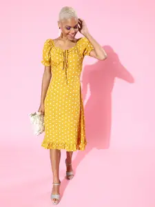 Berrylush Women Bright Yellow Polka Dots Sweetheart Neck Dress
