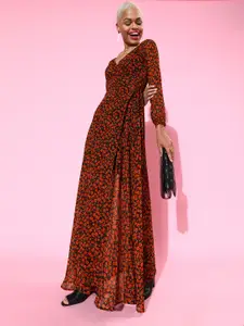 Berrylush Women Stylish Black Floral Sweetheart Neck Dress